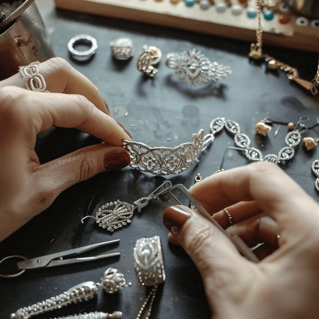 A pair of hands delicately crafting exquisite kiwified emerald sterling silver jewelry