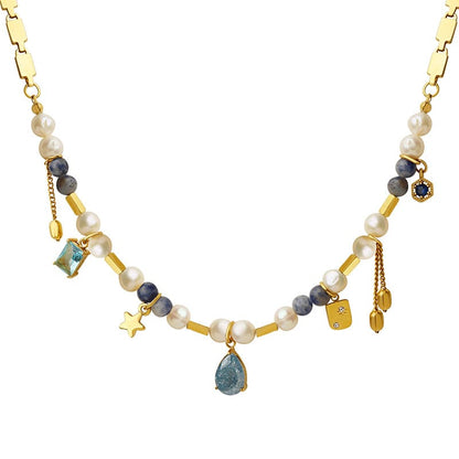 Gold Plated Pearl Necklace with gemstones "Nuit d'été" - Kiwified Emerald