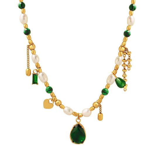 Gold Plated Pearl Necklace with gemstones "Summer Mood" - Kiwified Emerald