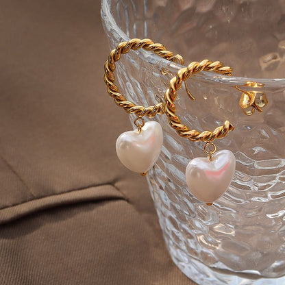 Gold Plated Surgical Steel Earrings "Pearl Heart" - Kiwified Emerald