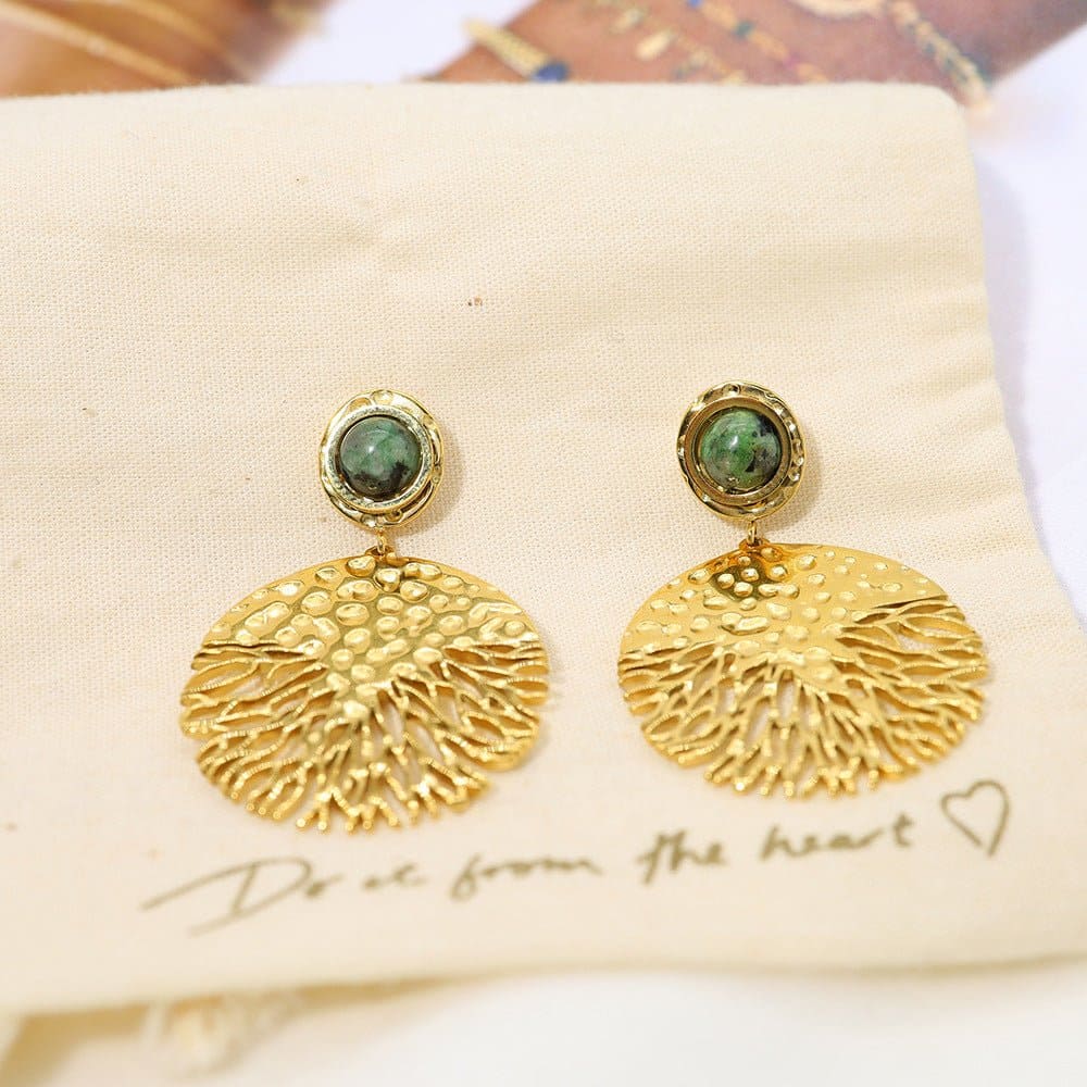 Gold Plated Surgical Steel Earrings "Tree of Life" - Kiwified Emerald