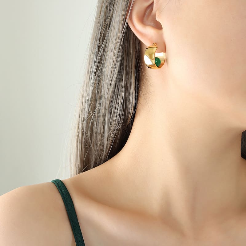 Gold Plated Surgical Steel Earrings with Green Agate "Agatha" - Kiwified Emerald