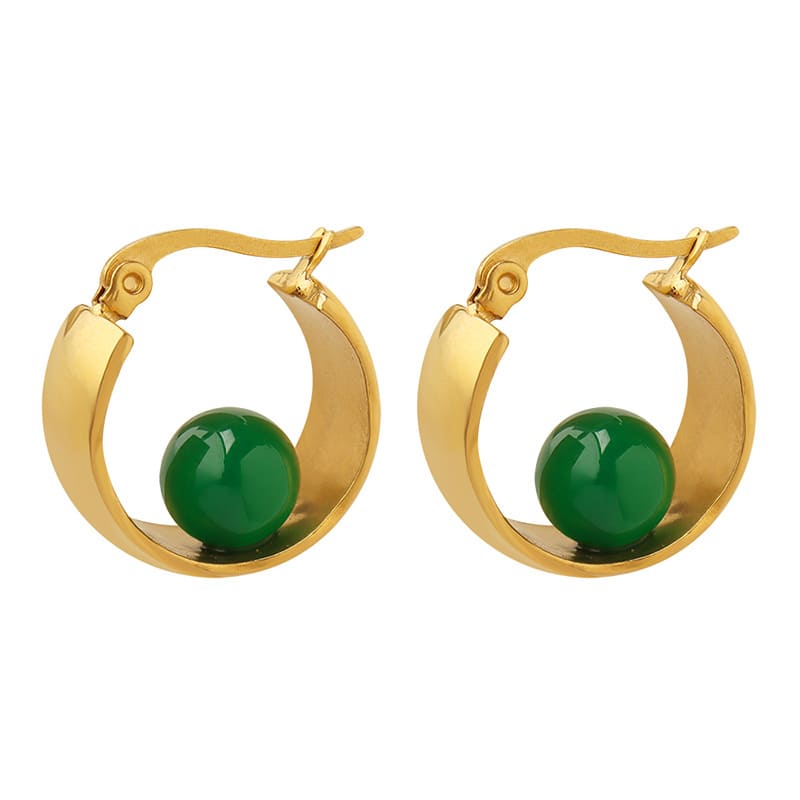 Gold Plated Surgical Steel Earrings with Green Agate "Agatha" - Kiwified Emerald