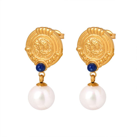 Gold Plated Surgical Steel Pearl Earrings "Augustine" - Kiwified Emerald