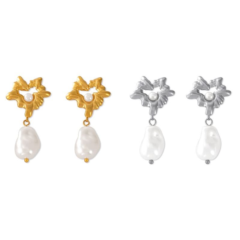 Gold Plated Surgical Steel Pearl Earrings "Pearl Flower" - Kiwified Emerald