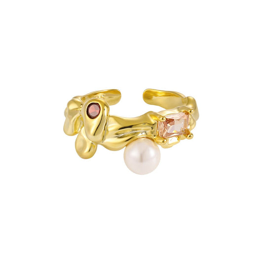 Gold Vermeil Sterling Silver Ring with Pearl & Gemstone "Asteroid Belt" | Kiwified Emerald - Kiwified Emerald